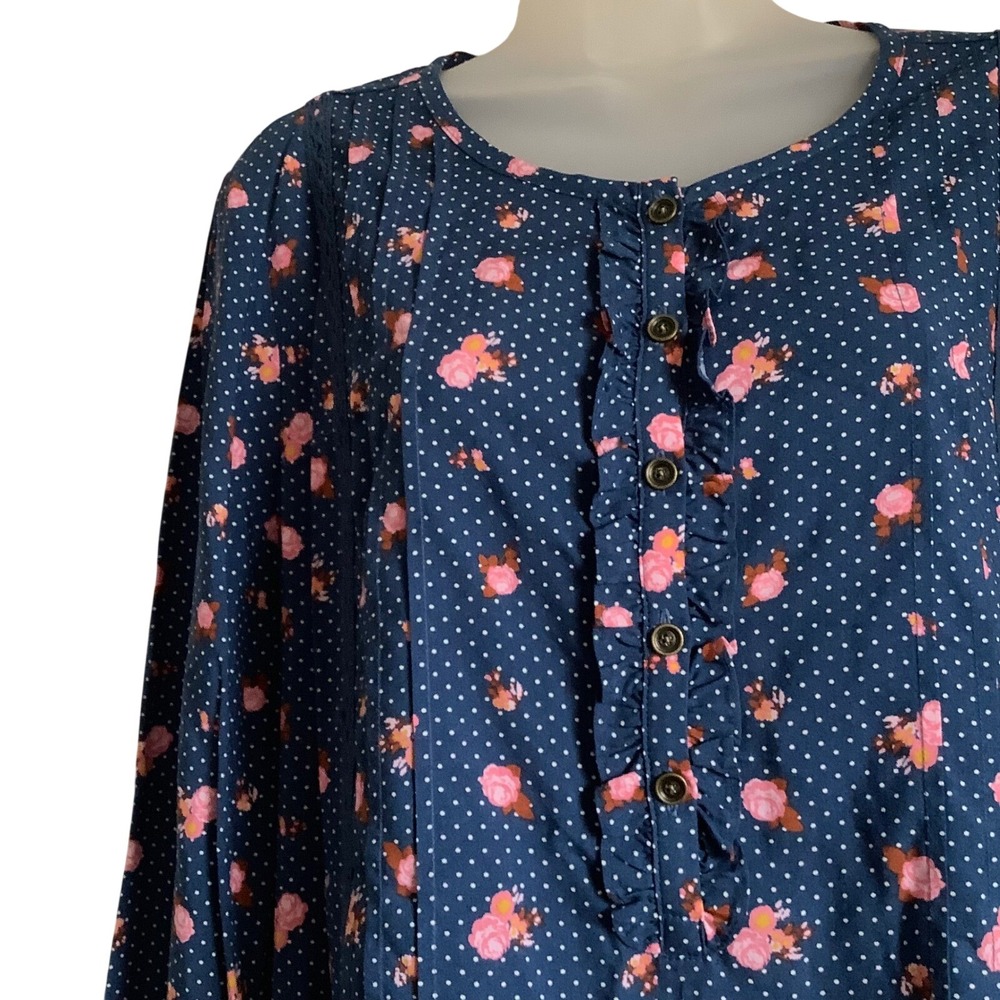 Matilda Jane Womens Navy Blue Floral Polka Dot Ruffle Lace Peplum Blouse Large